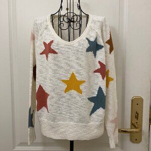 Lou & Grey Women Cream With Multicolored Stars Print V-Neck Sweater Size Small